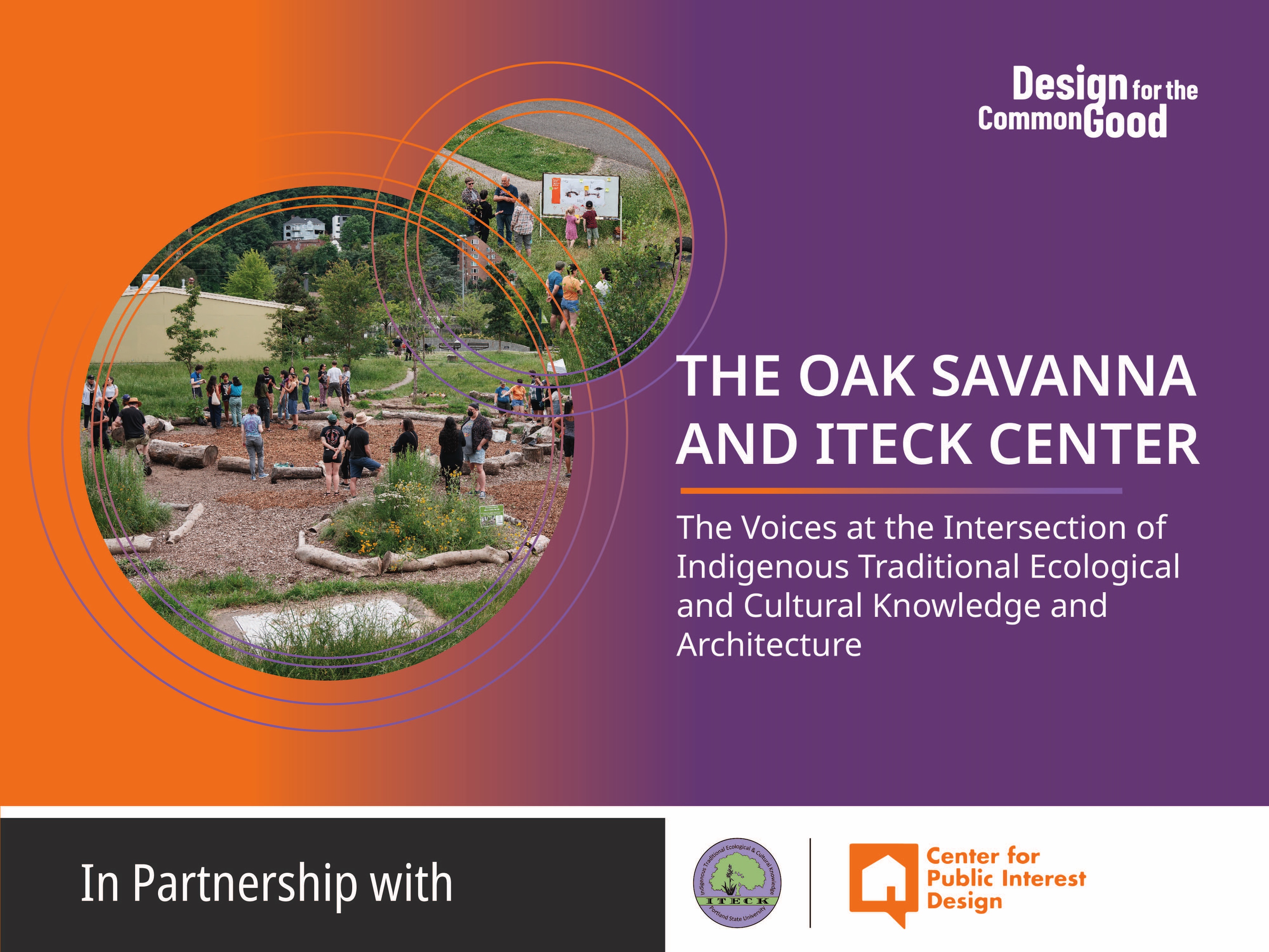 Oak Savanna & ITECK Center Podcast cover, it features two circles with photos of people on the Oak Savanna with a green fading to purple going left to right background.  